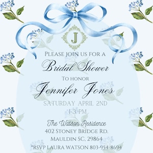 Hydrangea Bridal Shower Invitation, DIGITAL invitation, Blue and white Bridal Shower