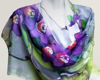 Purple orchids  silk Scarf  Hand painted,  Floral long scarf, Christmas gift