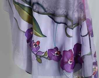 Hand painted silk scarf  Purple Orchids Mother's Day Gift