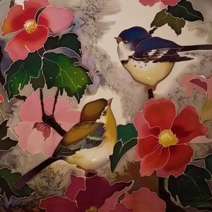 Hand painted silk shawl Birds and pink flowers