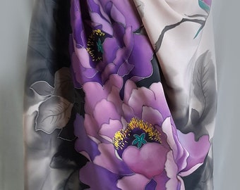 Hand painted Purple Peonies silk scarf, Batik, Mother's Day gift.