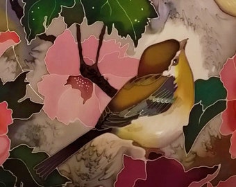 Hand painted silk shawl Birds and pink flowers