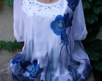 Silk  Blouse Blue Flowers Hand painted, Gift for her.