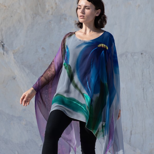 Hand painted silk tunic Iris, Bohemian clothing