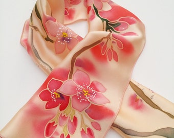 Small hand painted silk scarf Cherry Blossoms