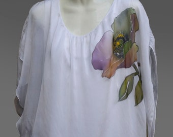 Silk White Blouse Pink Poppy Hand Painted