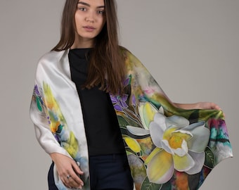 Hand painted silk scarf White Magnolias