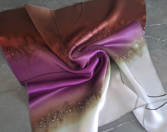 Summer small hand painted abstract square silk scarf women Handmade unique 100% silk bandana Christmas gift for her Brown Purple White scarf