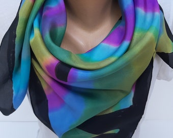 Stunning Hand painted Silk Shawl Color Block Scarf in Shades of Blue Green Purple Unique Designer Women's Scarf Christmas Great Gift for Her