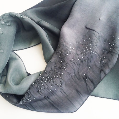 Small hand painted silk scarf deals Gray Black scarf