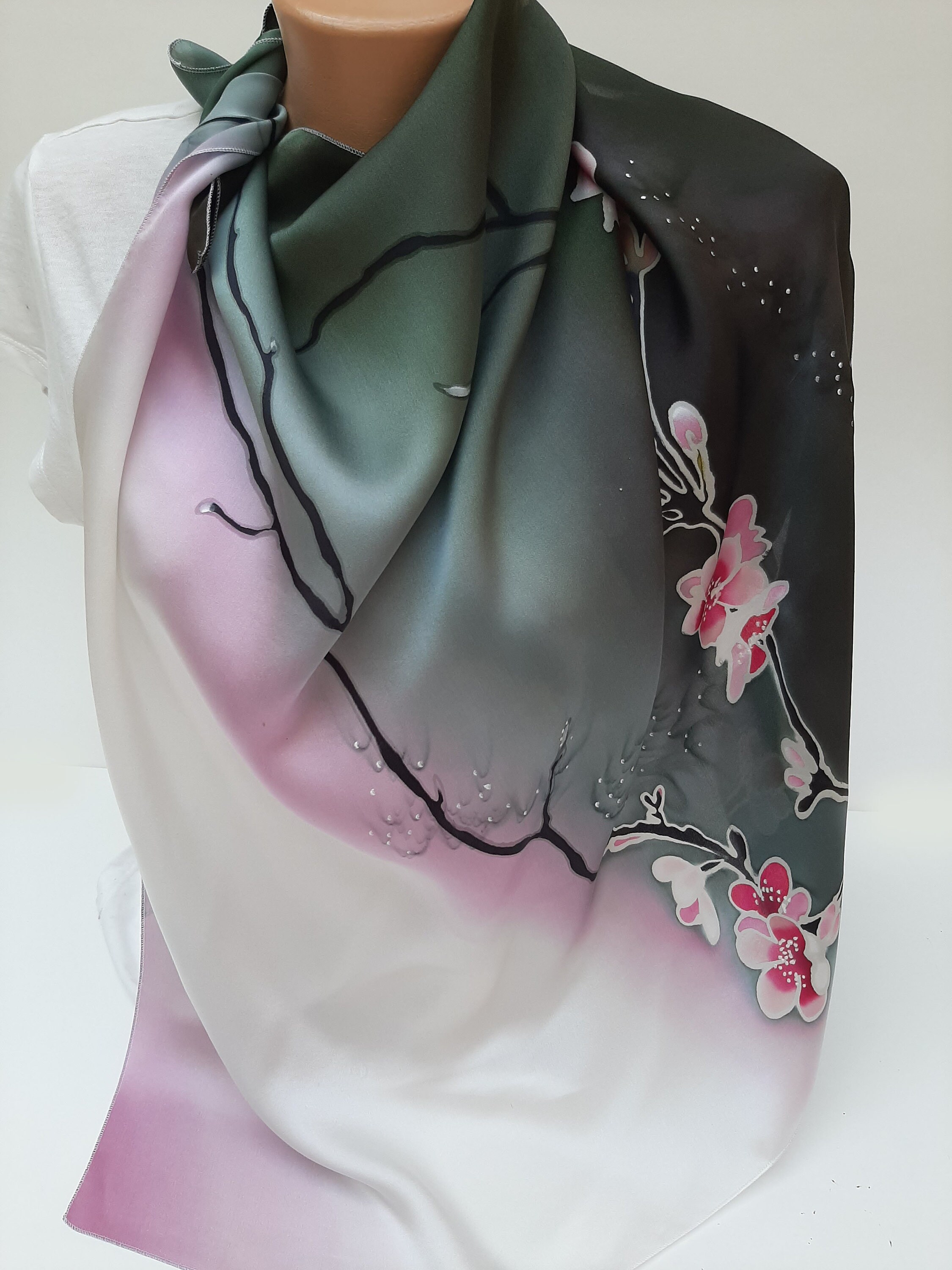 Cherry Blossoms Silk Scarf Hand Painted Batik Scarf Mother's Gift - Etsy