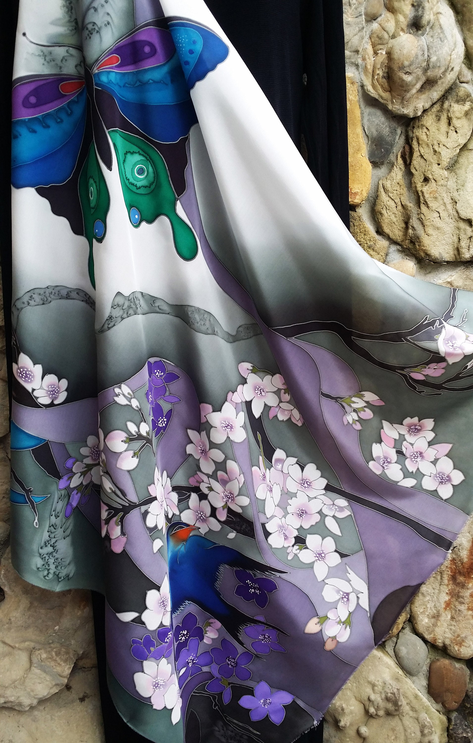 Handpainted Silk Scarf Cherry Blossoms Butterfly.