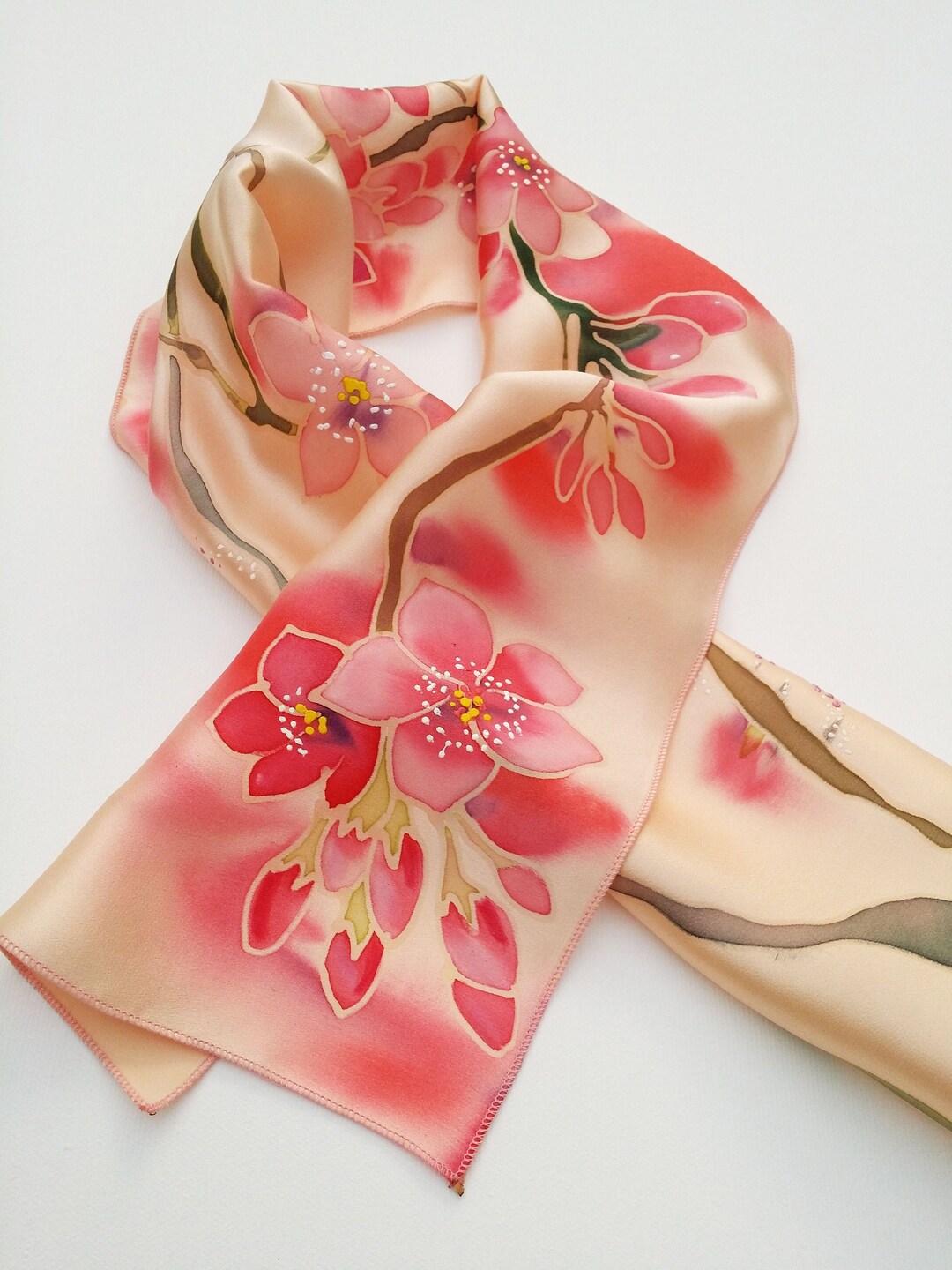 Small Hand Painted Silk Scarf Cherry Blossoms - Etsy