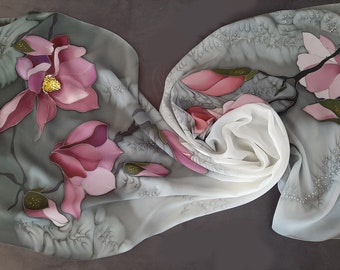 Hand painted silk scarf Pink Magnolias, gift for her, Mothers day gift