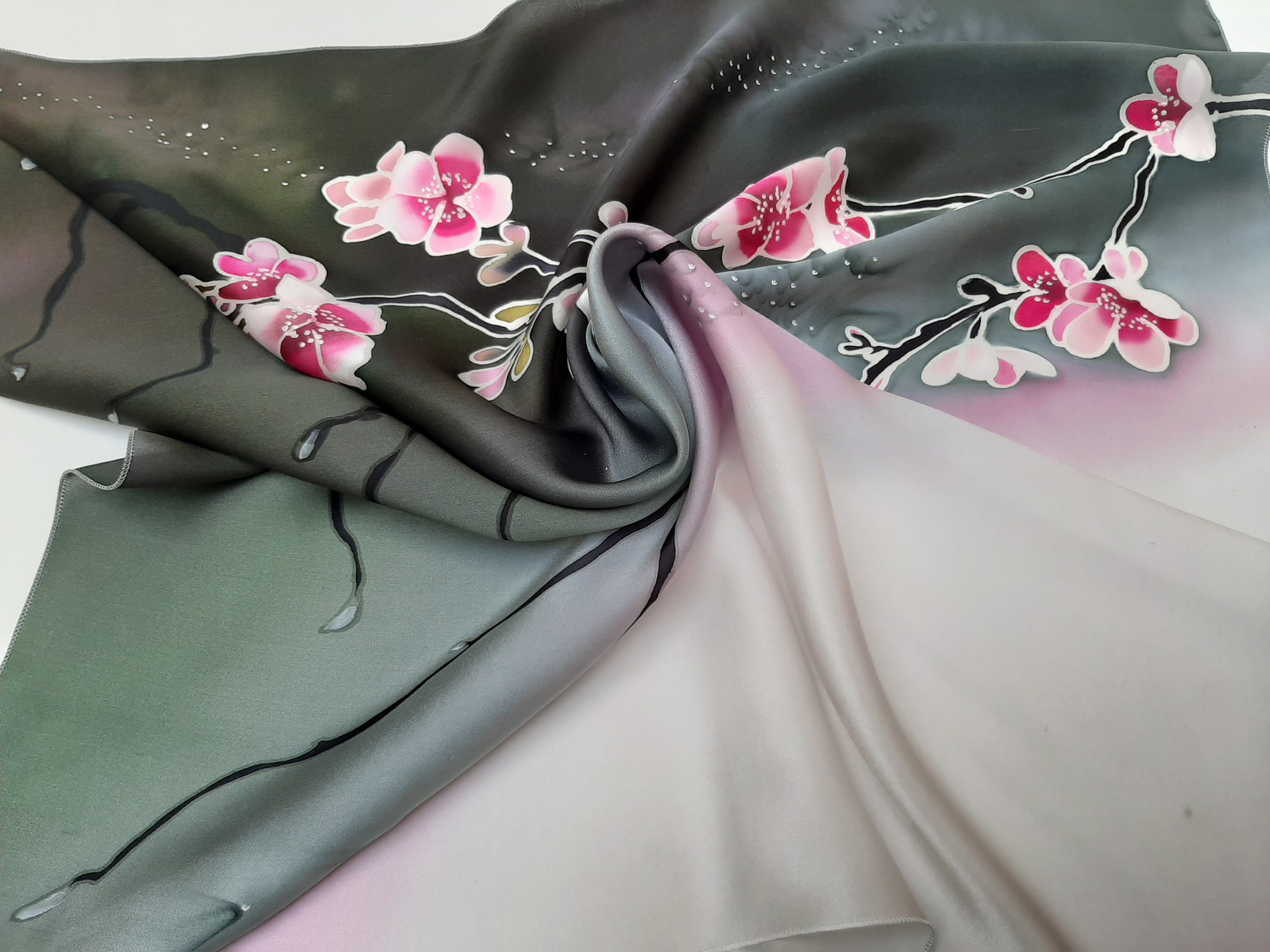 Cherry Blossoms Silk Scarf Hand Painted Batik Scarf Mother's Gift - Etsy