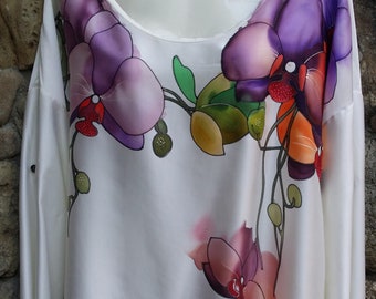 Designer silk blouse Hand painted Pink Orchids