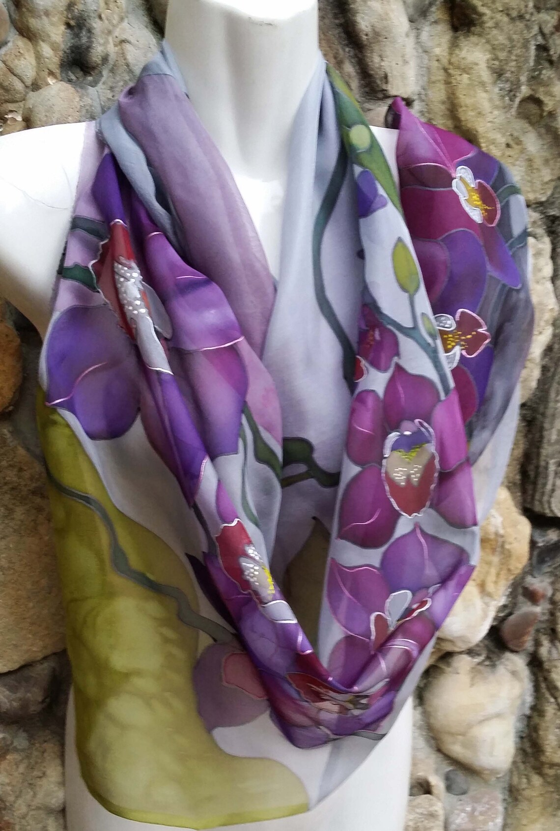 Écharpe En Soie Violette Avec Motifs Jaunes - Signée J&R - Occasion - Pour Femme