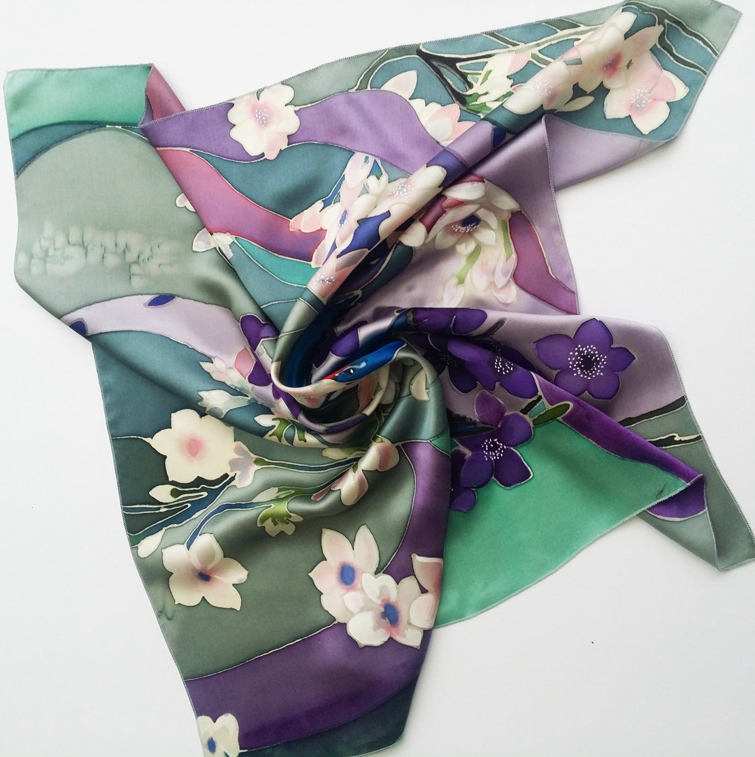 Cherry Blossoms Silk Square Scarf Hand Painted - Etsy