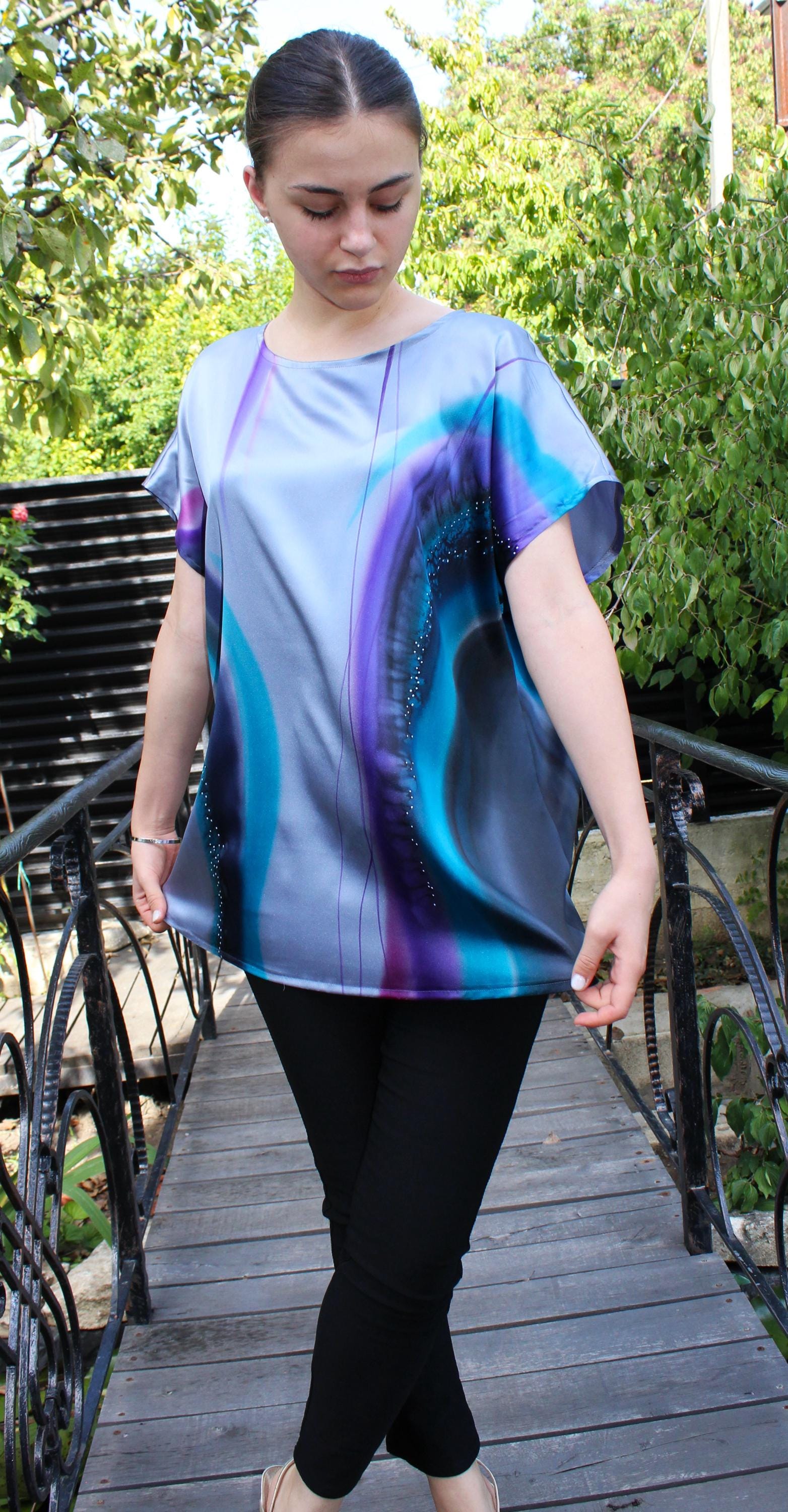Silk Patchwork Blouse With Multicolor Abstract Oil Paint Panel For Summer Fitted Top main image 1