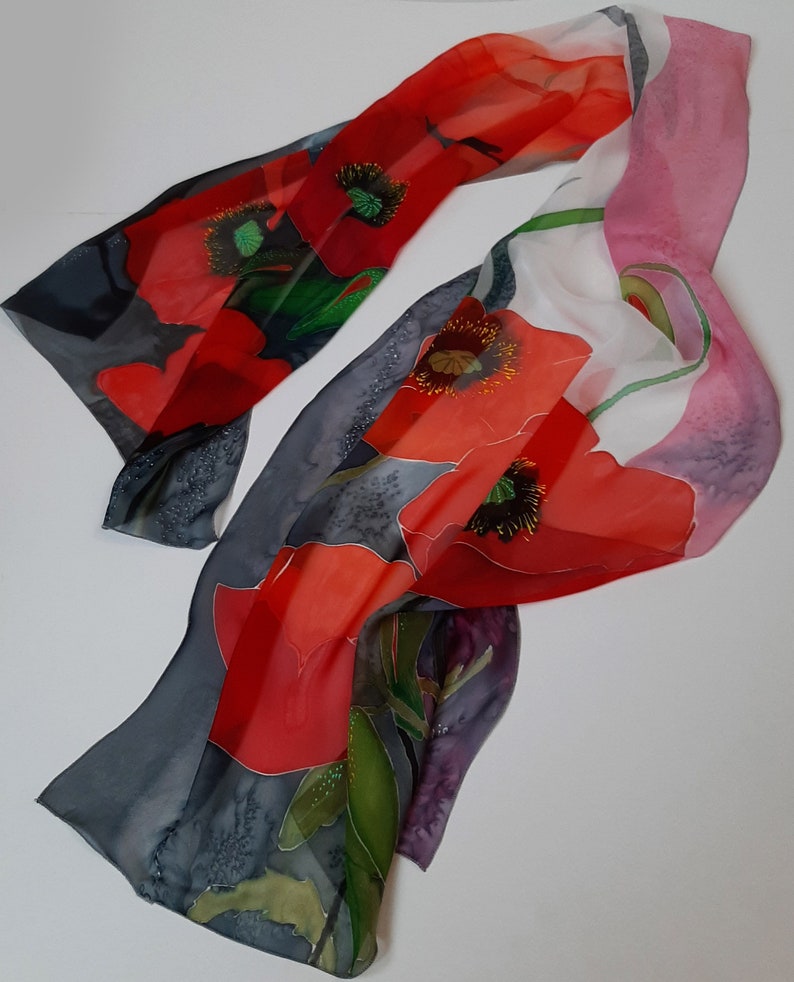 Hand Painted Silk Scarf Red Poppies - Etsy