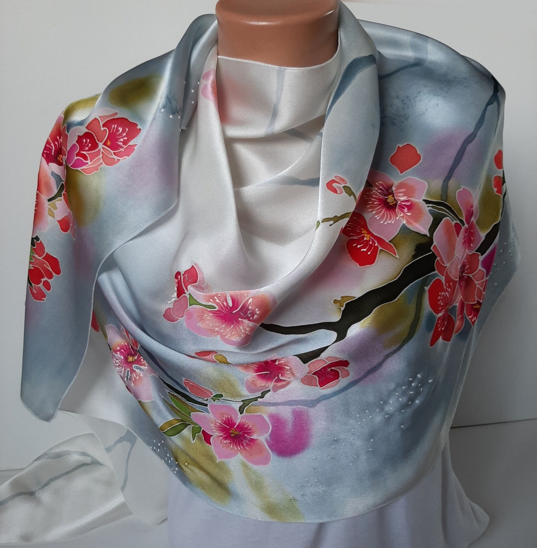 Hand Painted Silk Scarf Cherry Blossom Pink Gray Flower Scarf ...