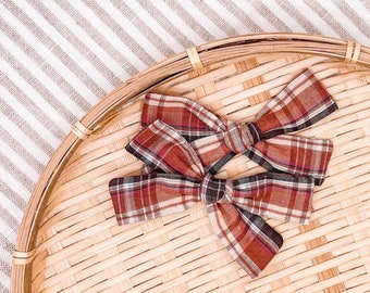 Fall Plaid Schoolgirl Bows, Pigtail Set, Back to School, Neutral Natural, Bows for Girls, Baby, Dogs, Toddler Bow, Burnt Orange Boho, Brown