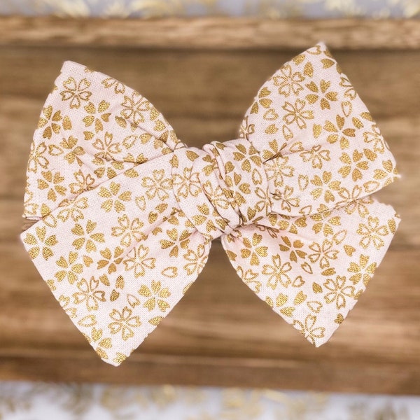 Gold Floral Festive Bow, Japanese Cherry Blossom Fabric, Sparkly Gold and White, Christmas Fancy Holiday Party Bow for Girls,  Neutral Color