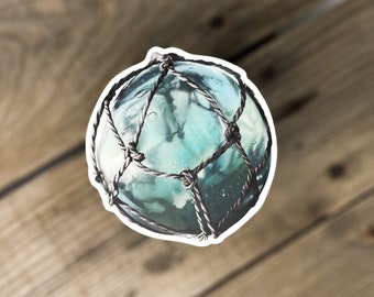 Hand Drawn Glass Float Weatheproof Sticker, Blue Japanese Decor, Fishing Float inspired by Hokkaido