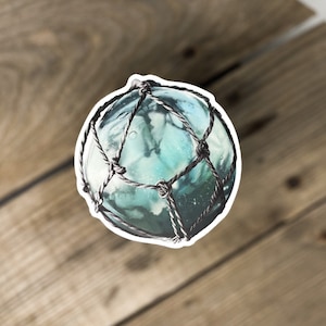 Autocollant flottant en verre, flotteur japonais bleu Hokkaido, flotteur de pêche dans le Pacifique, dessiné à la main, mat, décor flottant, peignage de plage, lave-vaisselle