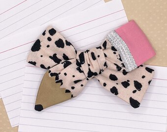 Leopard Pencil Hand Painted Bow, Back to School Hair Clip