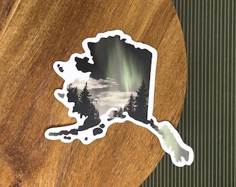 Hand Drawn Alaska Northern Lights Sticker, Weatherproof Decal
