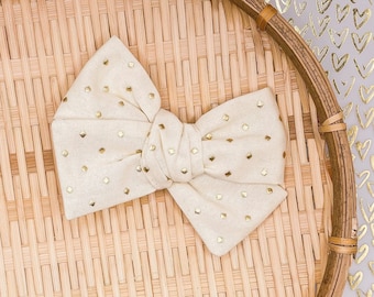 Cream and Gold Polka Dot Bow, Sparkly Handmade, White Hand Tied, Textured Fancy Preppy Neutral, Bow for Babies, Girls, Toddlers, Dogs