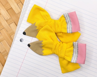 Yellow Hand Painted Pencil Bow, Schoolgirl Pigtail Set