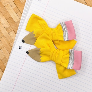 Yellow Hand Painted Pencil Bow, Medium Size, Back to School, Schoolgirl Pigtails, First Day of School, Preschool, End of School, PreK