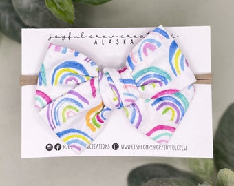 Rainbow Print Bow, Pastel Multicolor, Handmade Alligator Clip