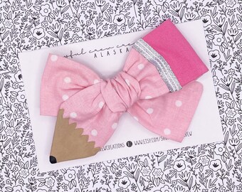 Pink Polka Dot Oversize Pencil Bow, Hand Painted Fabric Bow, Back to School, First or Last Day of School, Kindergarten, Preschool, Unique