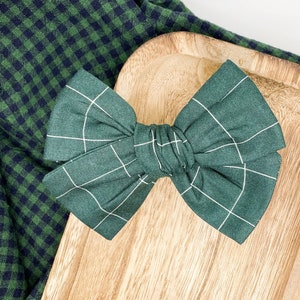 Dark Green Striped Natural Color, Hair Bow Hand Tied, Neutral Plaid Pinstripe Bow for Girls, Babies, Toddlers, Deep Green Nature Color