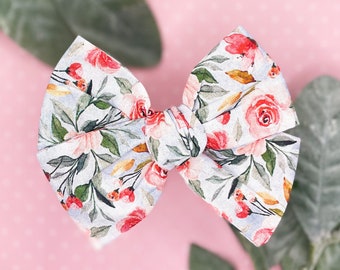 Floral Hair Bow, Pink Grey Blue Spring Pastels, Hand Tied Toddler Baby Accessory