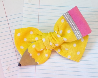 Oversized Pencil Bow, Yellow Polka Dot, Back to School Clip
