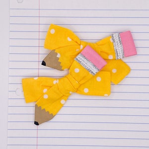 Polka Dot Yellow Pencil Bow, Medium Size, Back to School, Schoolgirl Pigtails, First or Last Day of School, Preschool, Kindergarten, Unique