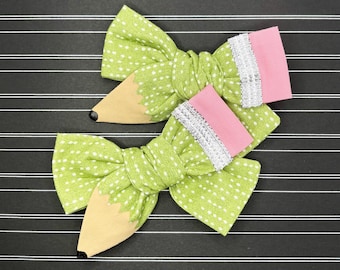 Hand Painted Green Pencil Bow, Schoolgirl Hair Clip