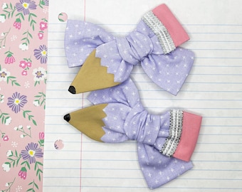 Purple Pencil Hand Painted Bow, Schoolgirl Hair Clip, Back to School
