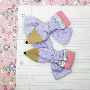 Purple Pencil Bow, Hand Painted, Back to School, Schoolgirl Bow or Pigtails, First Day of School, Preschool, PreK, 1st 2nd 3rd Grade