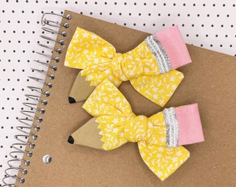 Yellow Floral Pencil Bow, Hand Painted, Back to School, Schoolgirl Bow or Pigtails, First Day of School, Preschool, PreK, 1st 2nd 3rd Grade