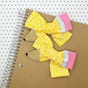 Yellow Floral Pencil Bow, Hand Painted, Back to School, Schoolgirl Bow or Pigtails, First Day of School, Preschool, PreK, 1st 2nd 3rd Grade
