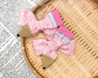 Pink Polka Dot Pencil Bow, Hand Painted, Medium Size, Back to School, Schoolgirl Bow for Pigtails, First Day of School, Preschool, PreK
