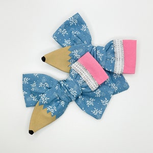 Blue Pencil Bow, Hand Painted, Back to School, Schoolgirl Bow or Pigtails, First Day of School, Preschool, PreK, 1st 2nd 3rd Grade
