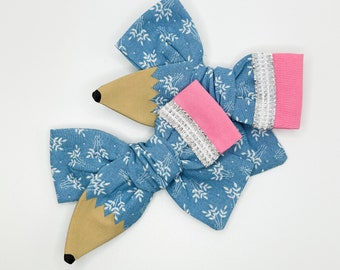 Blue Pencil Bow, Hand Painted, Back to School, Schoolgirl Hair Clip