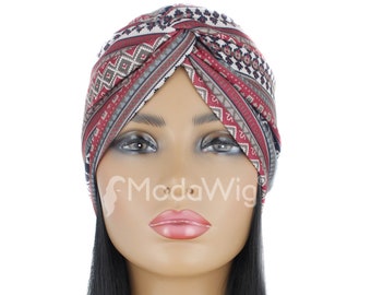 Turban Hat | Stretchy Twisted Turban | Ethno Style Red Turban | Cotton Turban | Head Wrap | Headwear | Chemo Beanie | Alopecia Hat