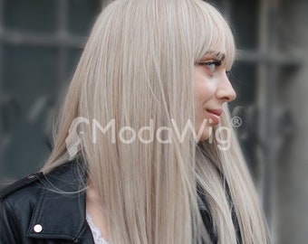 Long Blonde Straight Full Cap Wig with Bangs | 100% Natural look | Human hair soft feeling | Everyday Wig | Full Cap Synthetic Wig Event Wig